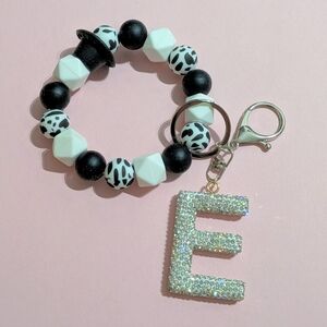 Black and White Beaded Keychain with Rhinestone E Charm | Handmade Bye